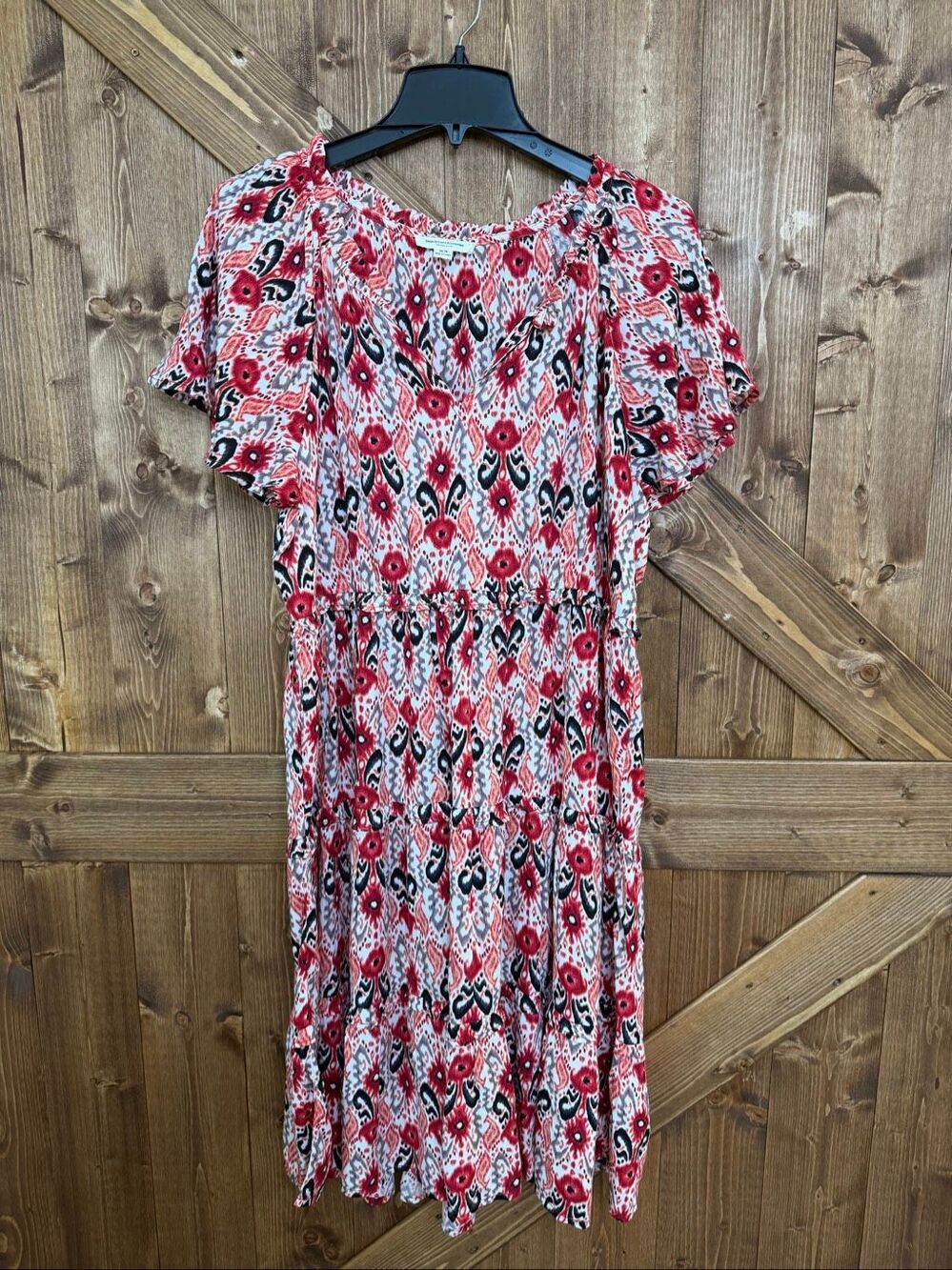 BeachLunchLounge Dress Medium Red Black Boho Floral Tiered Midi Flutter(7966)